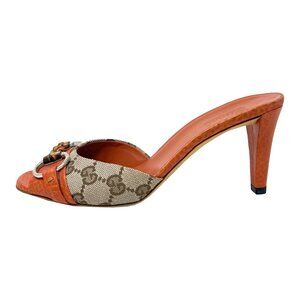 Gucci Horsebit Mules‎ GG Canvas Leather Bamboo Heels Size 37 Italy